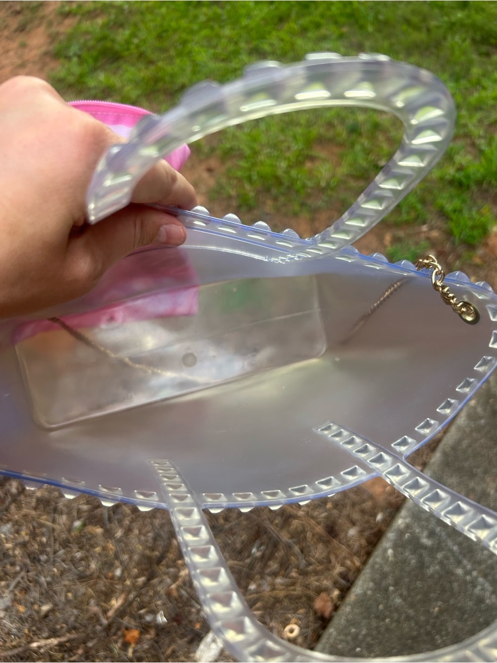Clear Studded Jelly Tote Bag with Pink Tie-Dye Cosmetic Pouch & Gold Chain - Picture 5 of 8